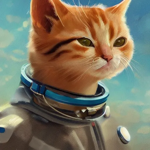 Image similar to head and shoulders masterpiece portrait of a cute adorable cat wearing a spacesuit, surreal background, digital art by krenz cushart, trending on artstation, cgsociety,