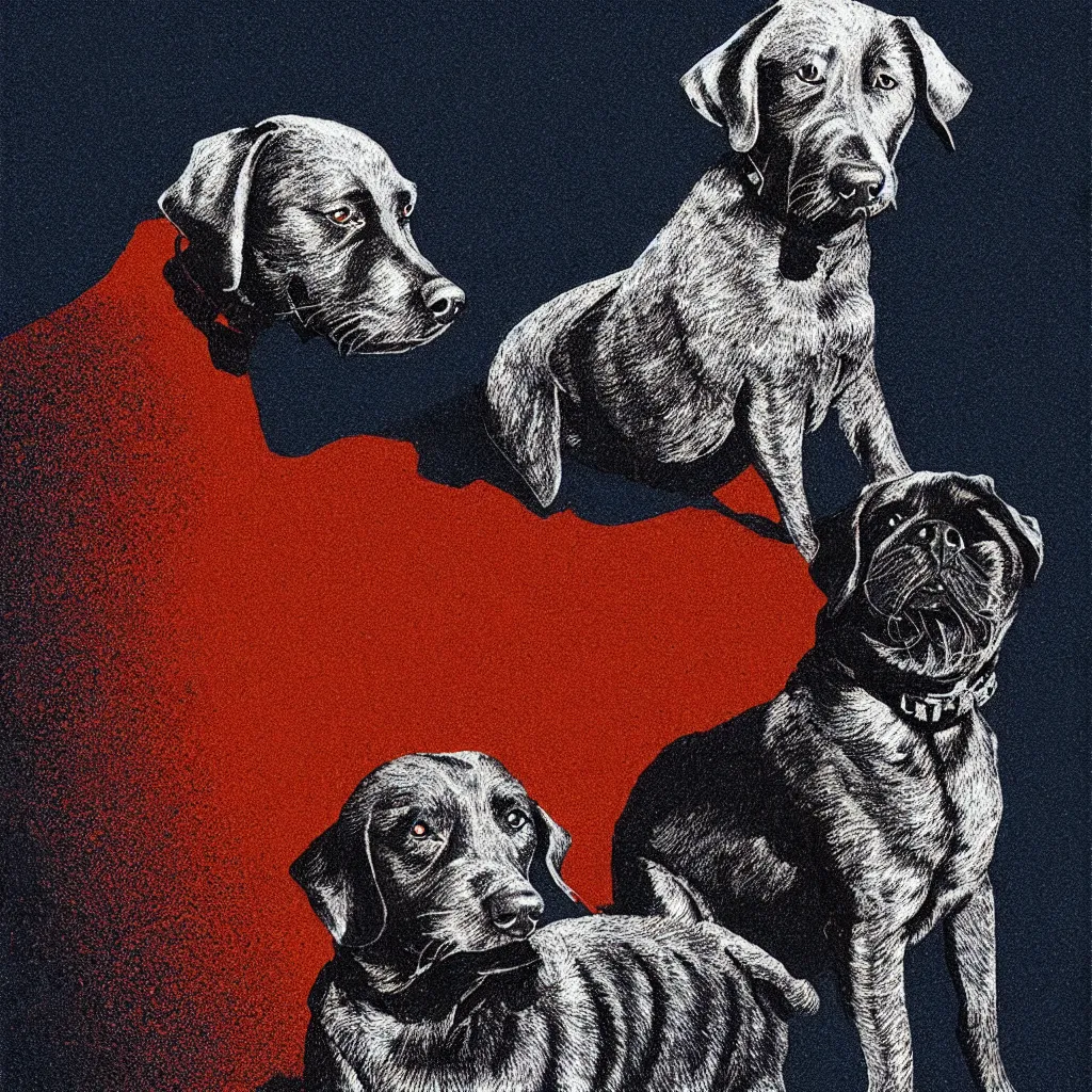 Image similar to seriously?? dog meme, mads berg, karolis strautniekas, film noir, stippled light, dramatic lighting, editorial illustration, detailed, fine texture, matte print, art deco, brutalism, dark blue + dark orange, red, black, ( ( habitat 6 7 background ) )