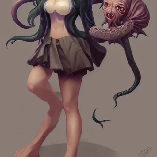 Image similar to cthulhu humanisation as a cute anime girl, by rossdraws, wlop, boris vallejo, gil elvgren