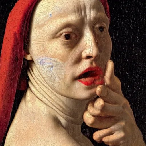 Image similar to extremely ugly pale woman with skin condition in expensive renaissance dress, Renaissance painting by Vermeer, detailed