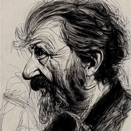 Image similar to a realistic yet scraggly portrait sketch of the side profile of a stern and sophisticated the big lebowski, trending on artstation, intricate details, in the style of frank auerbach, in the style of sergio aragones, in the style of martin ansin, in the style of david aja, in the style of mattias adolfsson