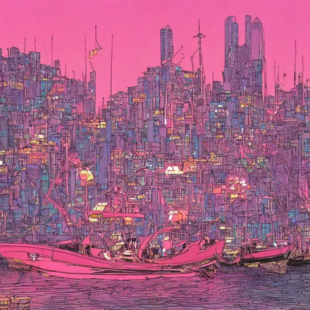 Image similar to the city lights were bright pink and orange and shone overhead. the harbour looked beautiful the sun reflecting off of the water and the neon lights of the city gave of a warm feeling, a fishing boat in first plan, by moebius