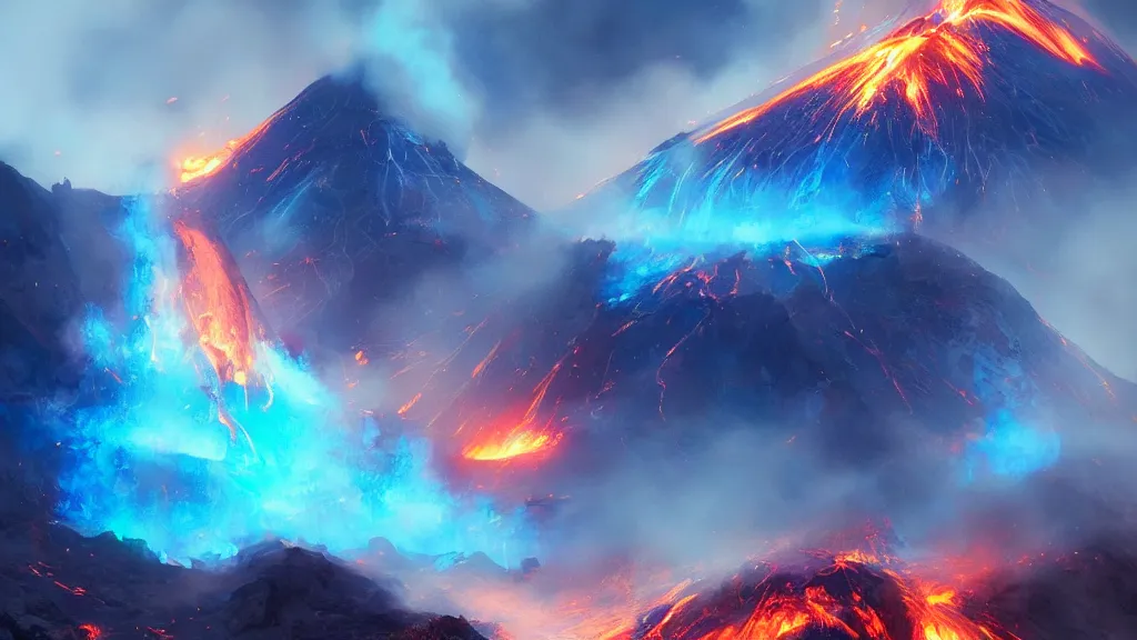 Image similar to volcano erupting blue flames, glowing! blue plumes, by sylvain sarrailh, rossdraws, ambient light, ultra detailed, fantasy artwork, 8 k, volumetric lighting, trending on artstation, award winning, beautiful scenery, very very very very very very very beautiful.