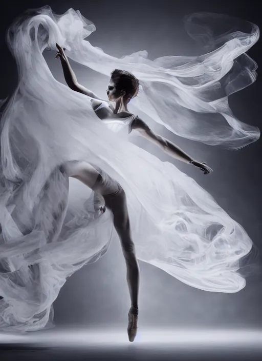 Image similar to a Photorealistic dramatic hyperrealistic render of a glamorous beautiful Female smoke dancer by Ken Brower and Deborah Ory of NYC Dance project,Lois Greenfield,Flowing cloth and smoke,Beautiful dynamic dramatic dark moody lighting,volumetric,shadows,cinematic atmosphere,Octane render,8K