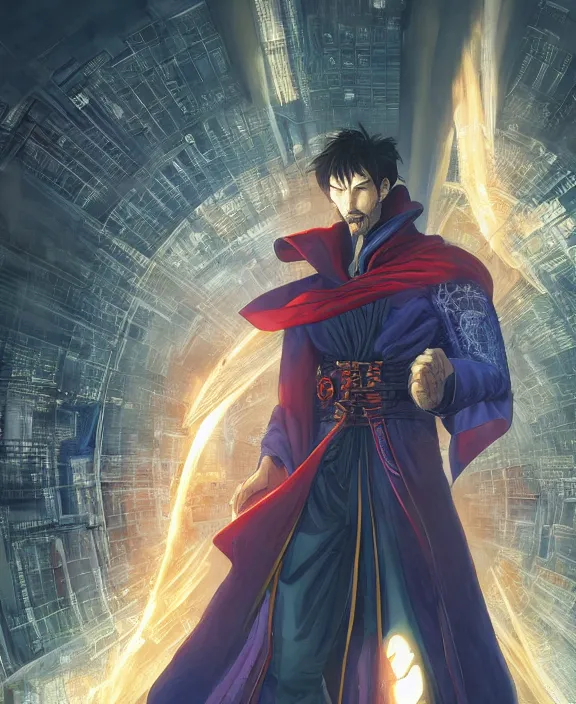 Image similar to a detailed manga style illustration of a cyborg doctor strange, by moebius and stephan martiniere, 4 k resolution, detailed, unreal engine, octane render, trending on artstation