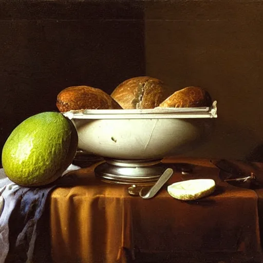 Image similar to still life by willem claesz heda, avocados, bread, linen, a fly, silver, leftover meat pie, overturned chalice, surreal goblets,