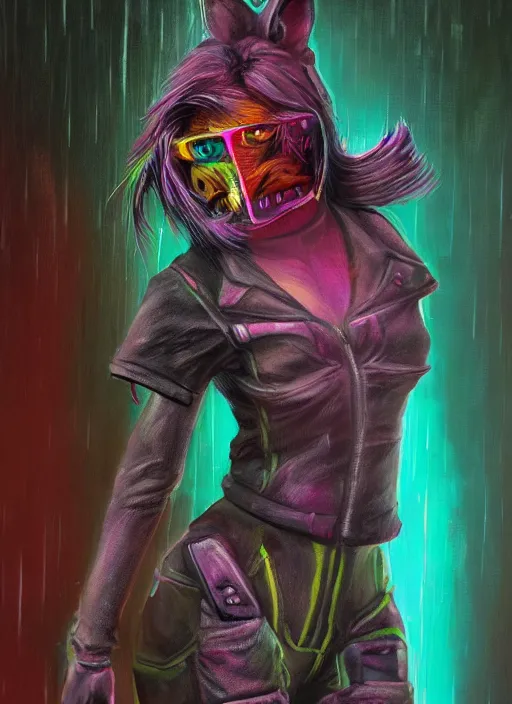 Image similar to oil painting of anthromorphic hyena female drawn in style of x _ ragdoll, fursona, furry fandom, neon rainy cyberpunk setting, anthro, wearing cyberpunk 2 0 7 7 jacket, detailed face,