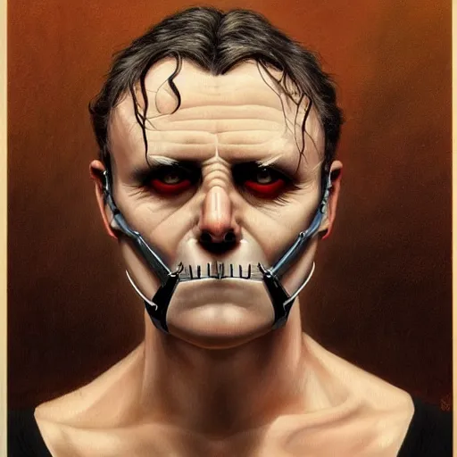 Prompt: hannibal lector, in the style of gerald brom, symmetry, smooth, sharp focus, semi - realism, intricate detail