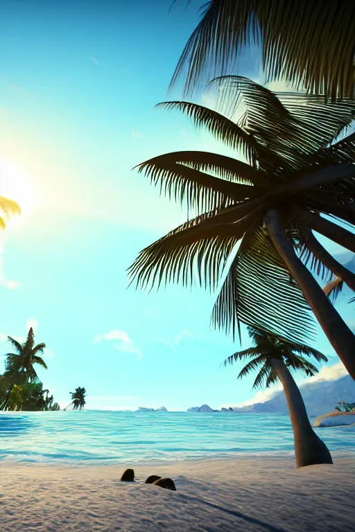 Image similar to a beautiful hydro flask sticker of a beach with coconut palms 8 k, frostbite 3 engine, cryengine, dof, trending on artstation, digital art, crepuscular ray