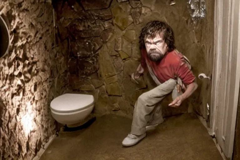 Image similar to peter dinklage climbing out of a toilet, movie still, from the new toxic avenger movie, 8 k, realistic