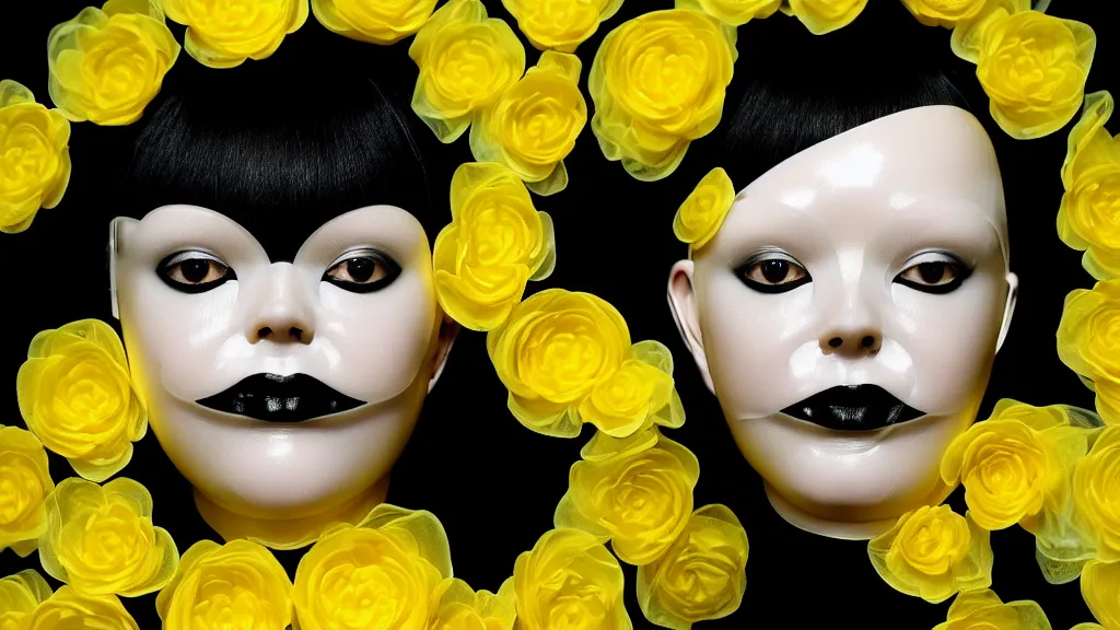 Image similar to symmetrical close - up portrait of a woman wearing a translucent silicone beauty mask and yellow hair, wearing a black bodysuit by alexander mcqueen, plastic translucent flowers, black background, soft diffused light, biotechnology, humanoide robot, bjork aesthetic, translucent, intricate details, highly detailed, masterpiece,