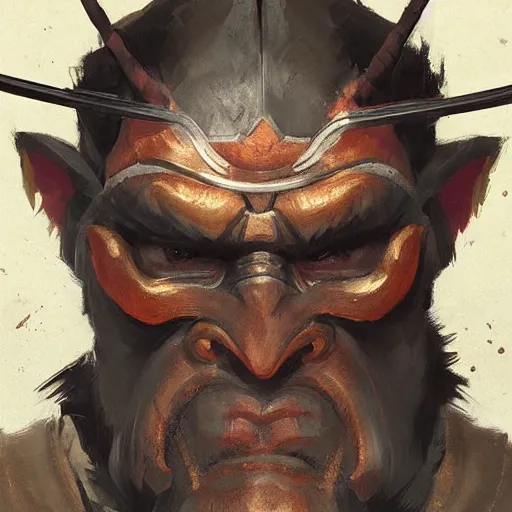 Image similar to A head-on detailed oil portrait of japanese samurai wearing oni mask by greg rutkowski and artgerm, trending on artstation, dungeons and dragons art