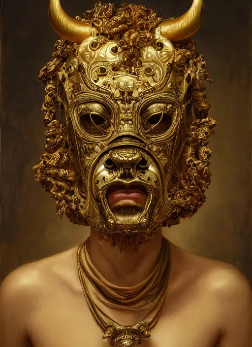 Prompt: highly detailed oil painting | very intricate | cinematic lighting | award - winning | the bull mask by alexander mcqueen, 9 0 mm | by roberto ferri, by leng jun, by j. c. leyendecker and klimt, american romanticism, by austin osman spare, artstation, cgsociety, official art, octane