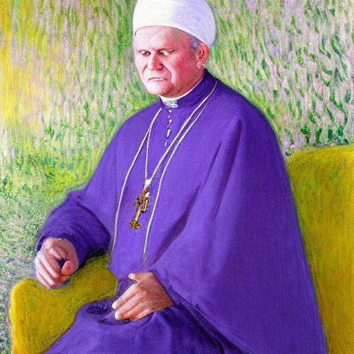 Prompt: portrait of john paul ii wearing white turban with purple top by claude monet