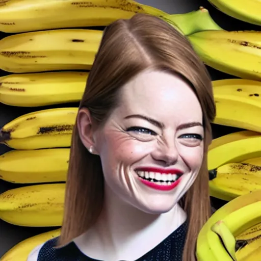 Image similar to a banana fruit that has the accurate facial expressions of emma stone on it, dark humor, dalle 2 generation