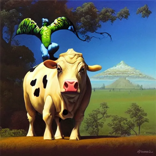 Prompt: a cow with turtle costume, surrealism, painting by boris vallejo and michael whelan