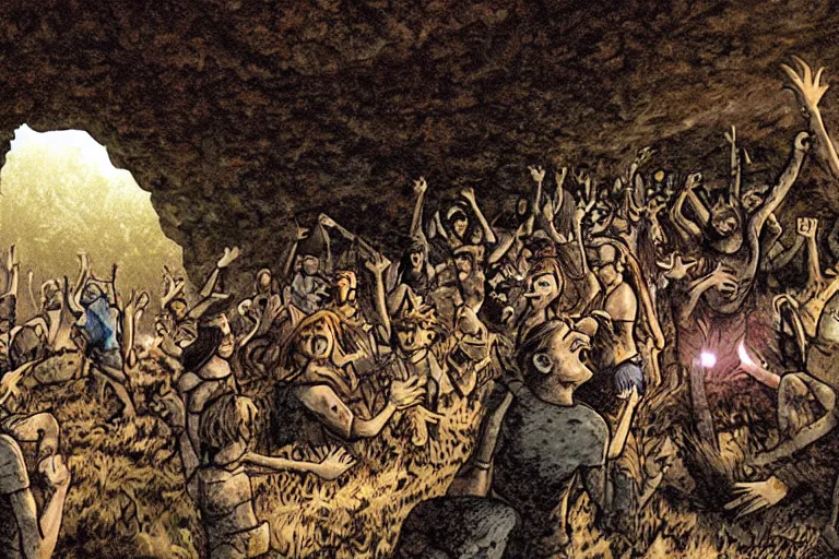 Image similar to Stone Age rave in a cave, illustrated by Steven Spazuk