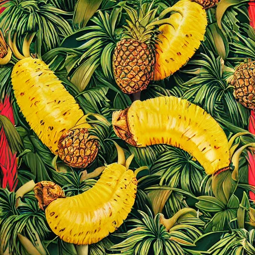 Prompt: pineapples and bananas in the jungle by kehinde wiley