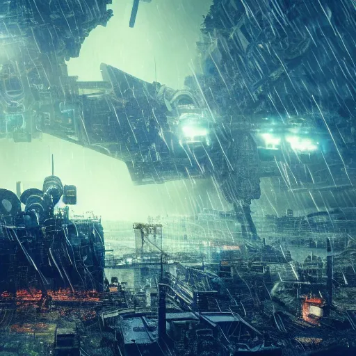 Prompt: A hi-tech bulky big mech facing a tsunami, dark city ruins, fog, dark clouds, rain, realistic 4k octane beautifully detailed render, 4k post-processing, highly detailed, intricate complexity, epic composition, magical atmosphere, cinematic lighting, masterpiece, ultra hd