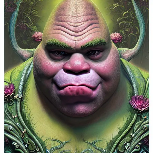 Image similar to a beautiful detailed front view portrait of shrek with ornate growing around, ornamentation, flowers, elegant, beautifully soft lit, by wayne barlowe, peter mohrbacher, kelly mckernan,