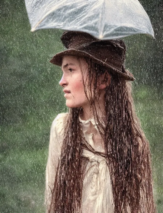 Image similar to wet long hair very beautiful happy peasant girl under the rain, country style, portrait, Cinematic focus, Polaroid photo, vintage, neutral colors, soft lights, foggy, by Steve Hanks, by Serov Valentin, by lisa yuskavage, by Andrei Tarkovsky 8k render, detailed, oil on canvas