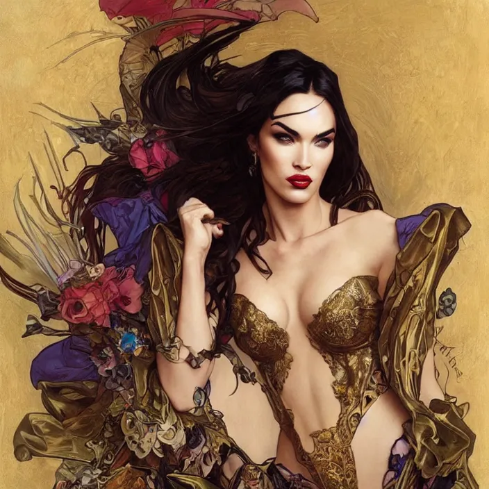 Image similar to megan fox wearing venetian carnival masks by artgerm, greg rutkowski, alphonse mucha