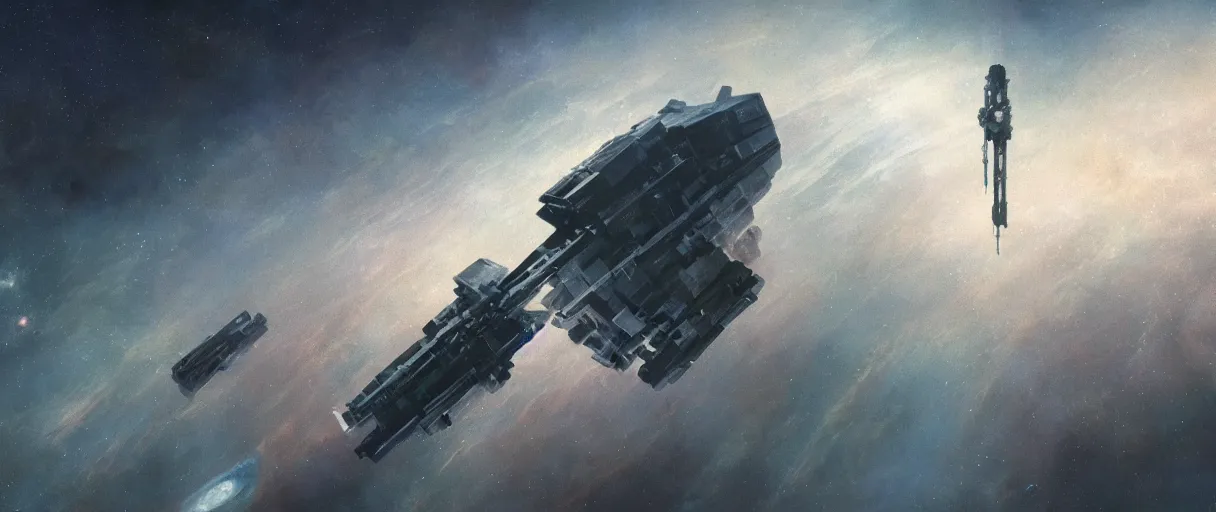 Prompt: concept art, a single lonely spaceship drifting in space, exploring, the expanse tv series, industrial design, lost in the immensity of space, spatial phenomena, cinematic lighting, 4k, greebles, widescreen ratio, wide angle, beksinski, sharp and blocky shapes