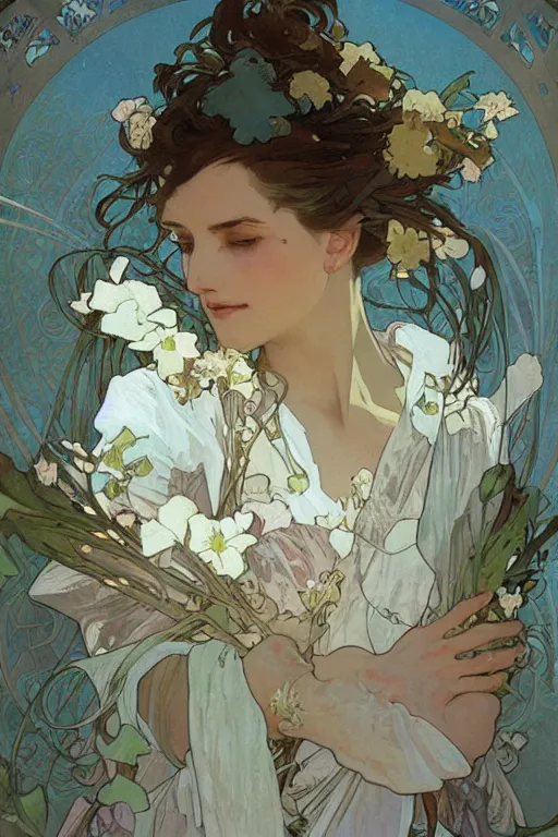 Prompt: close - up fashion woman portrait airy flowers clouds illustration art by alphonse mucha greg rutkowski craig mullins