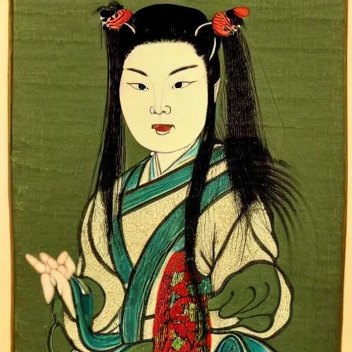 Prompt: ancient chinese ceramic depicting bjork