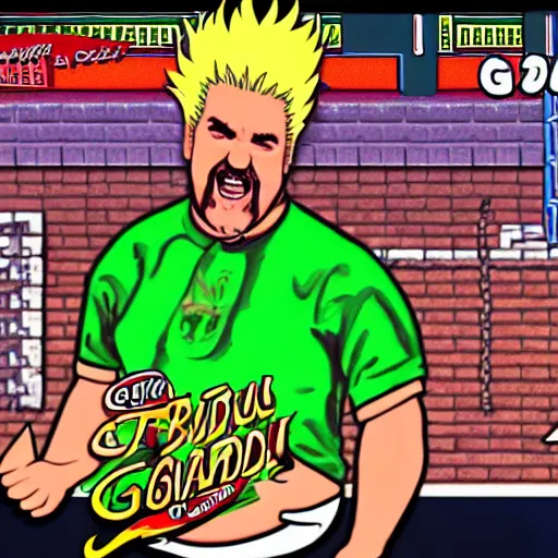 Prompt: a screenshot of guy fieri : backyard wrestling the video game 1 9 8 9 special tournament edition plus alpha featuring guy fieri for the nintendo genesis, game case, box art