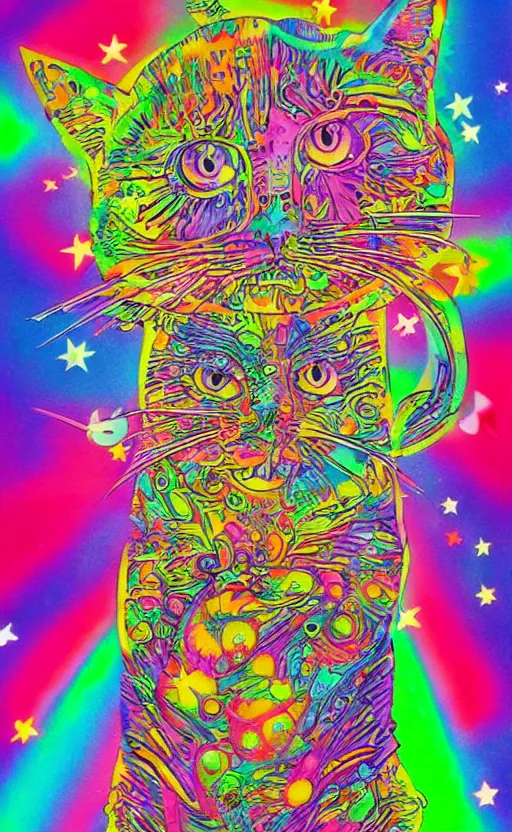 Prompt: surrealist trippy cat by yoko d'holbachie, lisa frank,