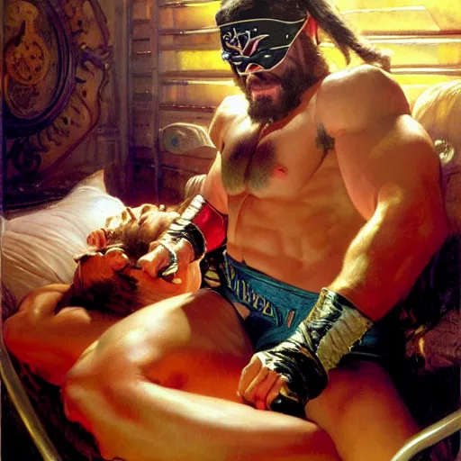 Prompt: macho man randy savage ring gear is in his bed, nervous and terrified, because lex lugar in a wheel chair is attacking him. highly detailed painting by gaston bussiere, j. c. leyendecker, greg rutkowski, craig mullins 8 k