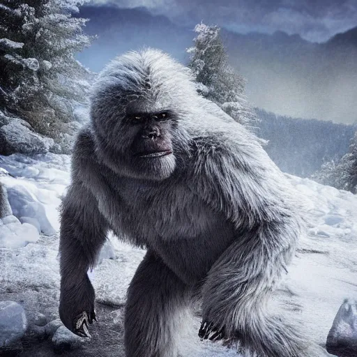 Prompt: a high detailed realistic photo of a yeti battling a sasquatch