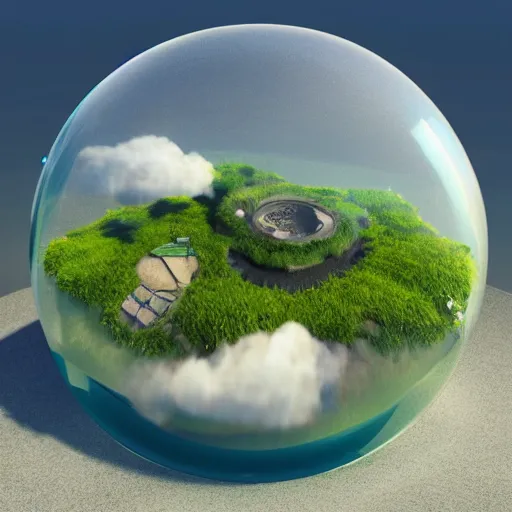 Prompt: miniature island inside a bubble, floating on clouds, realistic 3 d render, unreal engine, solarpunk, maya, 8 k, smooth, sharp focus, octane, twilight