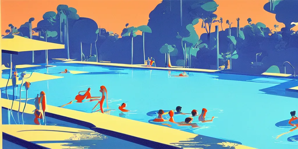 Prompt: swimming pool, gouache, animated film, stylised, illustration, by eyvind earle, scott wills, genndy tartakovski, syd mead