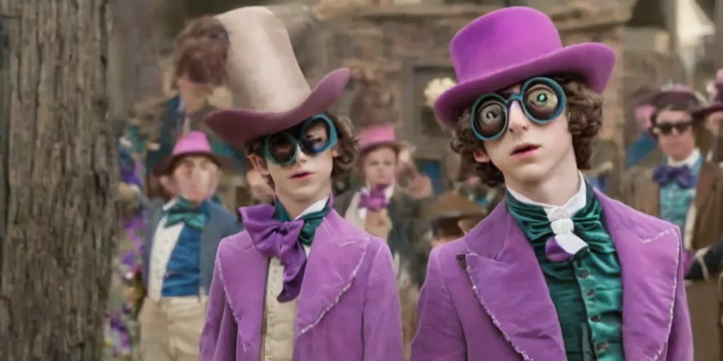 Image similar to film still of Timothée Chalamet as Willy Wonka in new Willy Wonka movie, 4k