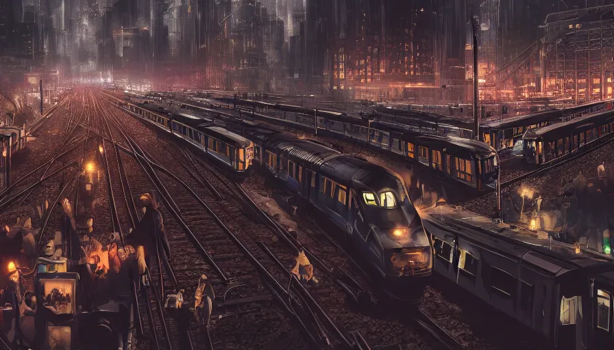 Prompt: neo - gothic gotham city crowded train station with trains, outside, night, hyperdetailed, artstation, cgsociety, 8 k