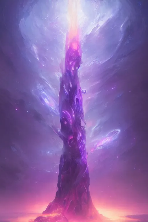 Prompt: Eldritch Organic Tower of The Void, Purple and Blue colored, 4k, masterpiece, cinematic, glowing, cosmic, galactic, tentacles, eldritch, by Greg Rutkowski, Trending on Artstation