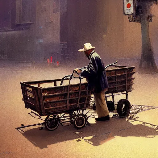 Image similar to a man drags a cart, hyperrealism, no blur, 4 k resolution, ultra detailed, style of ron cobb, adolf hiremy - hirschl, syd mead, ismail inceoglu, rene margitte