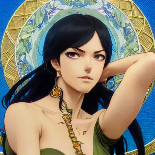 Image similar to highly detailed vfx portrait of nico robin by eiichiro oda, makoto shinkai, alphonse mucha, sharp focus, art by artgerm and greg rutkowski!, backlit, harsh overhead sunlight, blue eyes, stanley kybric, pixiv, fanbox,