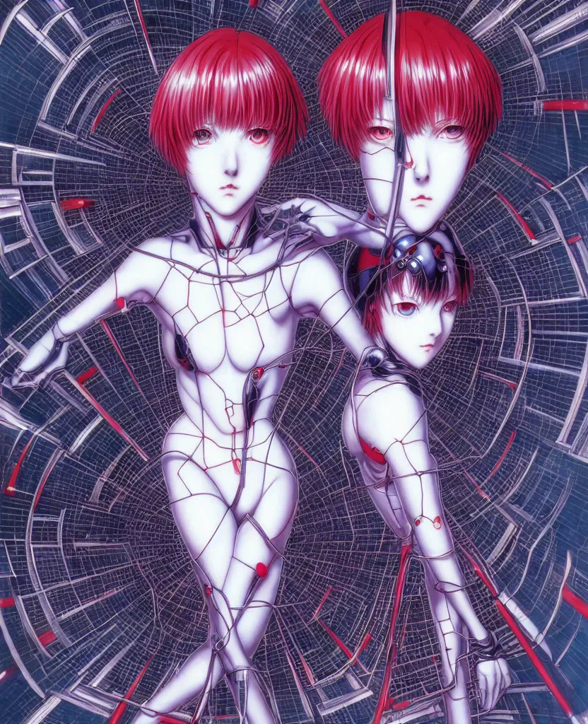 Prompt: symmetrical, rei ayanami, depth perception, depth of field, high resolution, action horror, gothic, rich deep colors. by yoshitaka amano, by yukito kishiro, by yoshiyuki sadamoto, masterpiece, composition of perspective fractal grids, science of energy, signal processing, music and entertainment