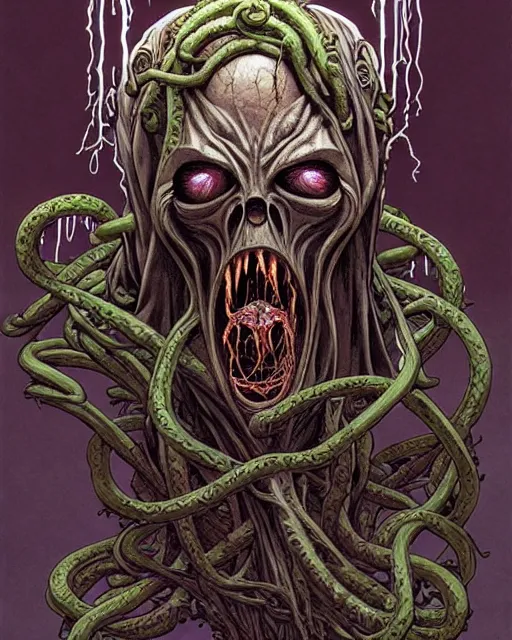 Image similar to the platonic ideal of flowers and roots of cletus kasady ultimate carnage dementor doctor doom gorgon chtulu nazgul, charybdis, medusa detailed, intricate, hyperrealism, intense, scary, decay, dmt, art by brock hofer and artgerm, moebius, greg rutkowski, alphonse mucha