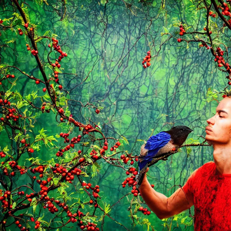 Image similar to human with the sea and the forest inside, veins diverge through the body like rivers filmed on a satellite, a person is decorated with wild berries, a beautiful bird is looking at him next, colorful picture