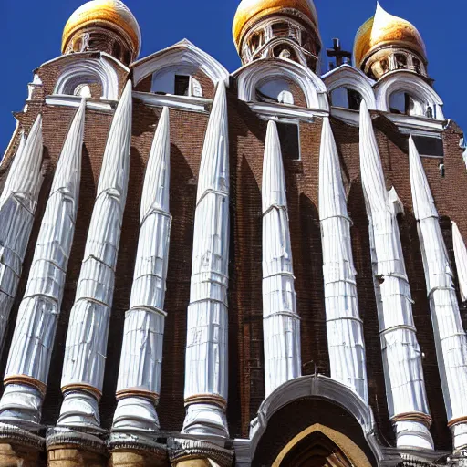 Image similar to exterior of Saint Basil's Basilica made of ice cream cones