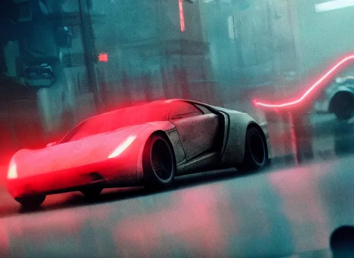 Prompt: Bladerunner 2049 scene red sports car driving on empty road dark atmospheric volumetric lighting grungy moody dark cinematic Roger Deakins Cinematography futuristic cyberpunk car soul red GTR NSX RX8 C3 Chaser S16 Evolution 10 Z07 R34 ikuo maeda Newton Thomas Sigel bladerunner 2049 screen cap still