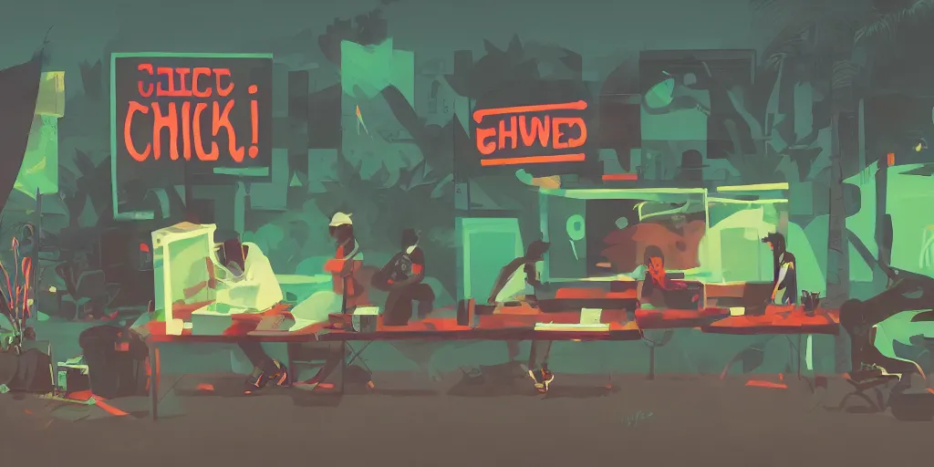 Image similar to black! chicken! smoking cannabis!!!, in front of multi monitors broadcasting studio, artwork by James Gilleard