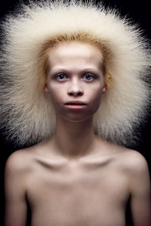 Prompt: studio portrait of girl that looks excactly like lisa simpson, lookalike, as if lisa simpson came to life, soft light, black background, fine details, close - up, award winning photo by martin schoeller