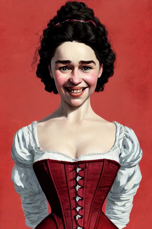 Prompt: Emilia Clarke smiling warmly in a 1800s American Corset in Red Dead Redemption anatomy, detailed face, only two hands, highly detailed, digital painting, artstation, concept art, smooth, sharp focus, illustration, Unreal Engine 5, 8K, art by art by artgerm and greg rutkowski and edgar maxence