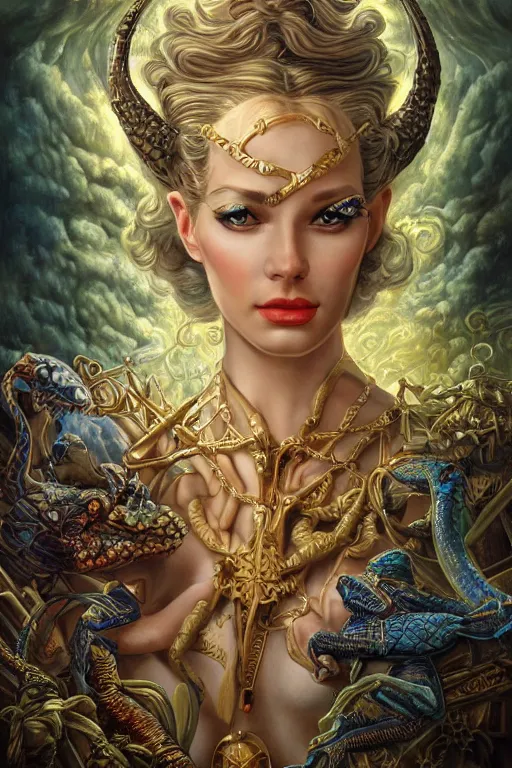 Image similar to Mystical Valkyrie, Portrait of a beautiful female Atlantean Reptilian Warrior, Realistic, Regal, Refined, Detailed Digital Art, Michael Cheval, Walt Disney (1937), François Boucher, Oil Painting, Steampunk, Highly Detailed, Cinematic Lighting, Unreal Engine, 8k, HD