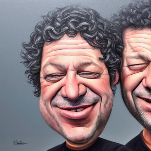 Prompt: Caricature portraits done of Gene Ween and Dean Ween, realistic, hyperrealistic, very realistic, highly detailed, very detailed, extremely detailed, detailed, oil painting, digital art, trending on artstation